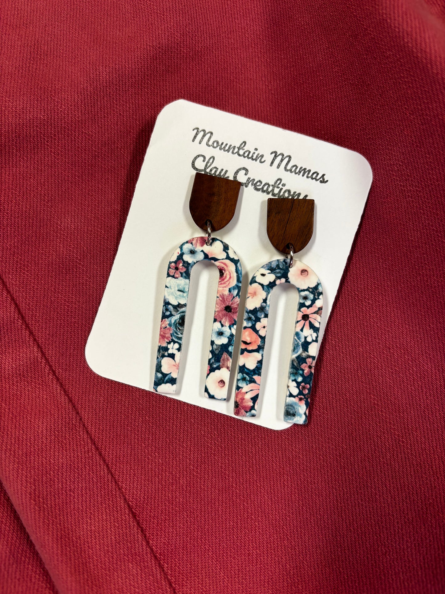 Blue & Pink Flower Arch Dangle Clay Earrings