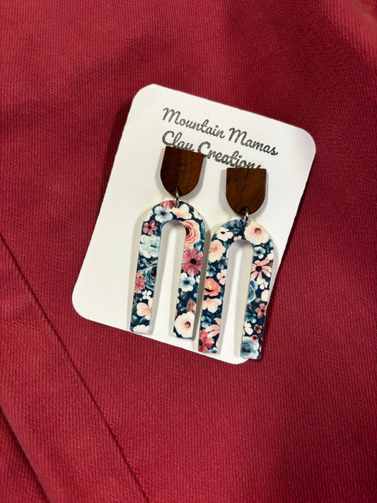 Blue & Pink Flower Arch Dangle Clay Earrings