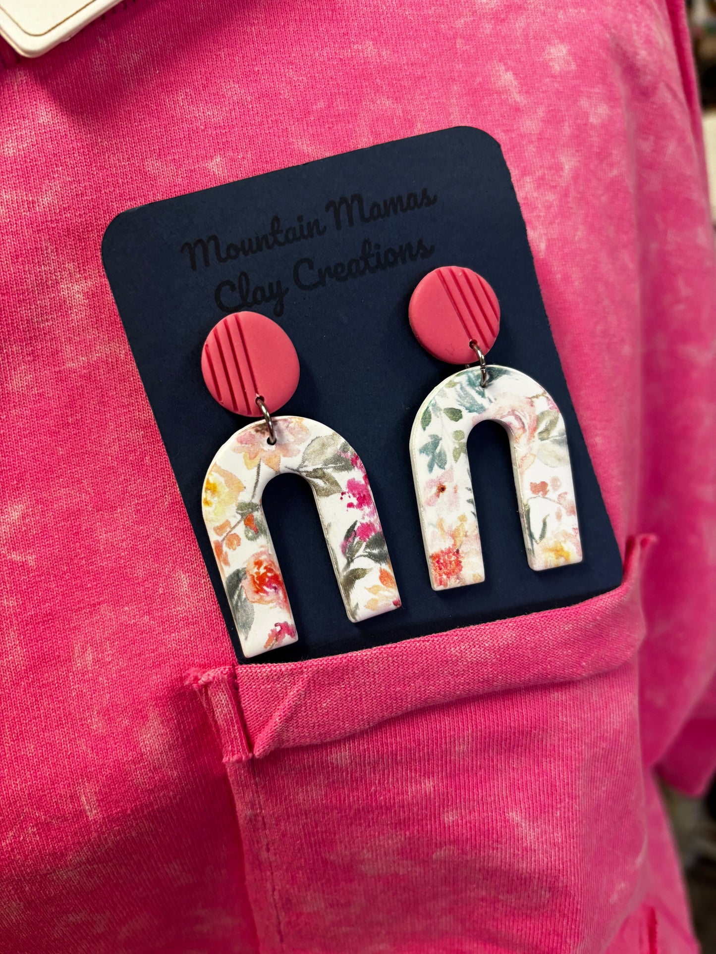 Pink Flower Arch Dangle Clay Earrings