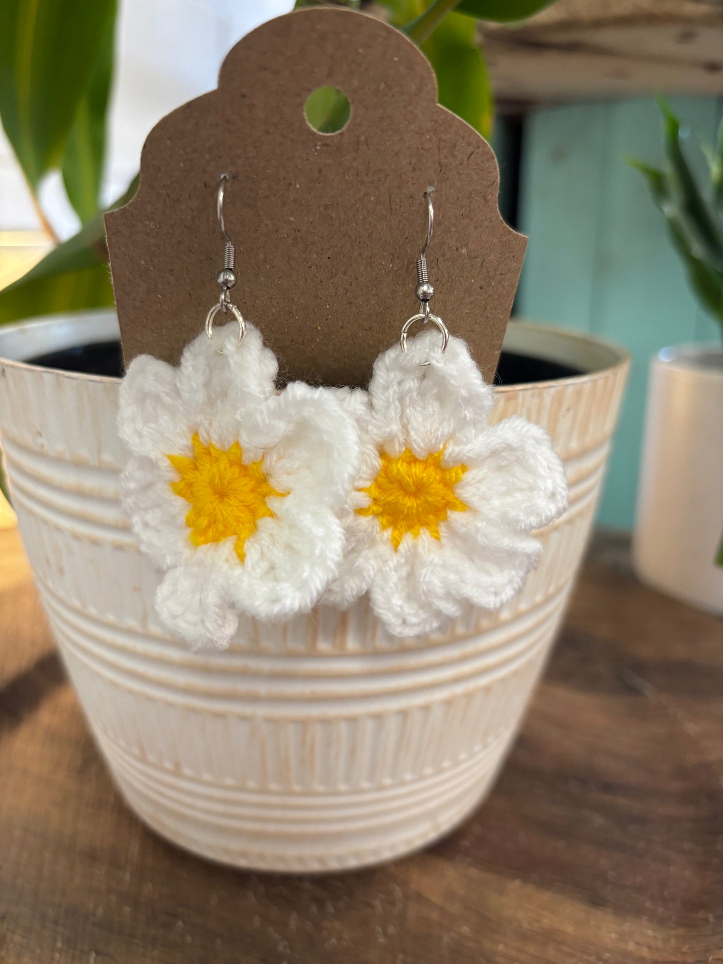 Boho Daisy Flower Crochet  Drop  Earrings Made in the USA