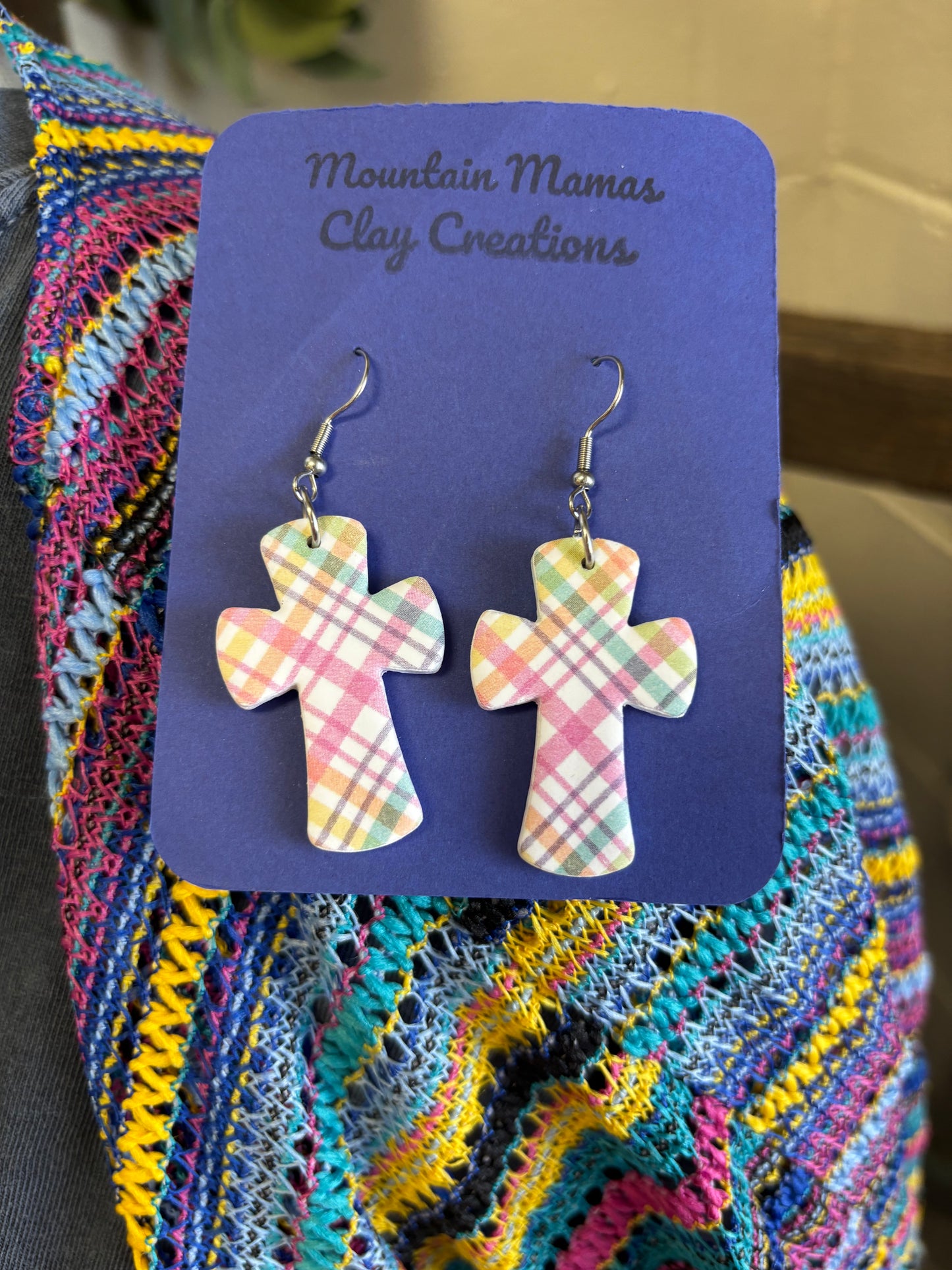 Plaid Cross Clay Earrings
