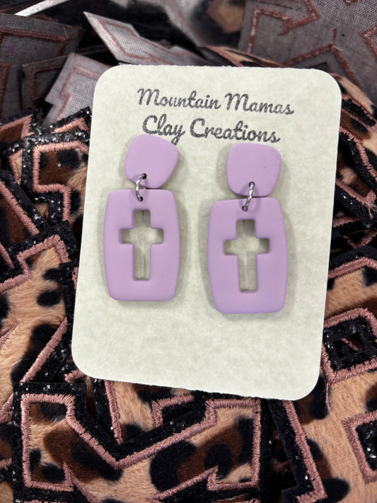 Purple Open Cross Clay Earrings