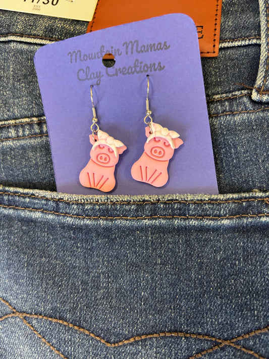 Pig with White Bandana Clay Earrings
