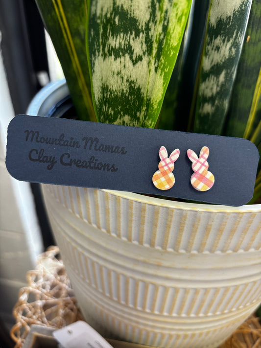 Plaid Bunny Stud Clay Earrings