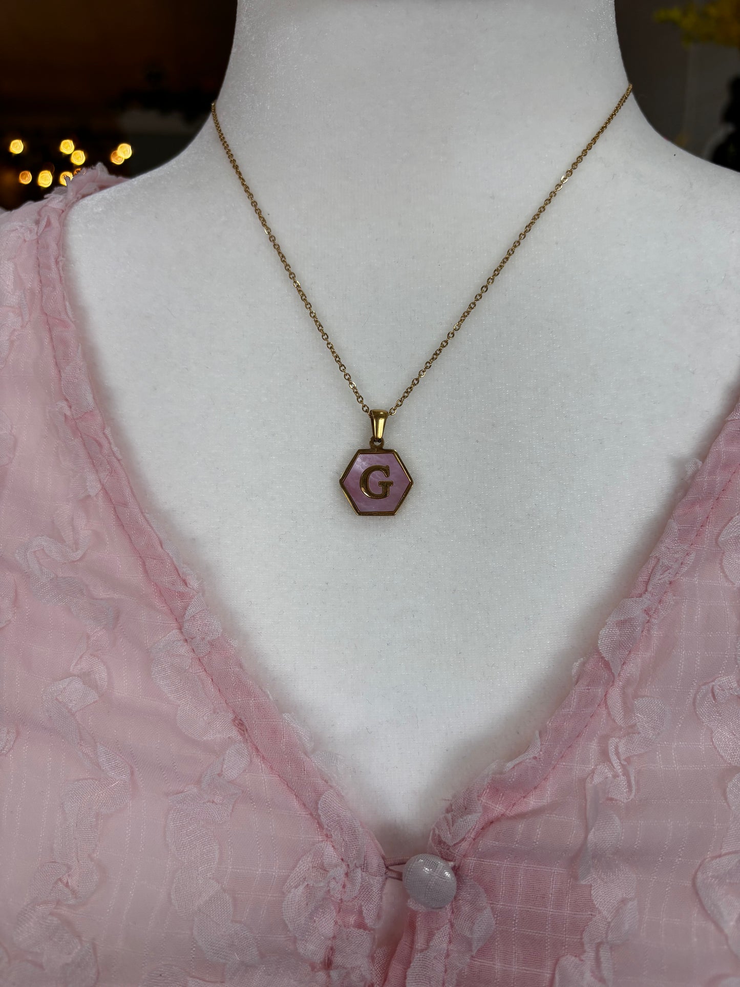 Pink Goldtone Hexagon Initial Necklace