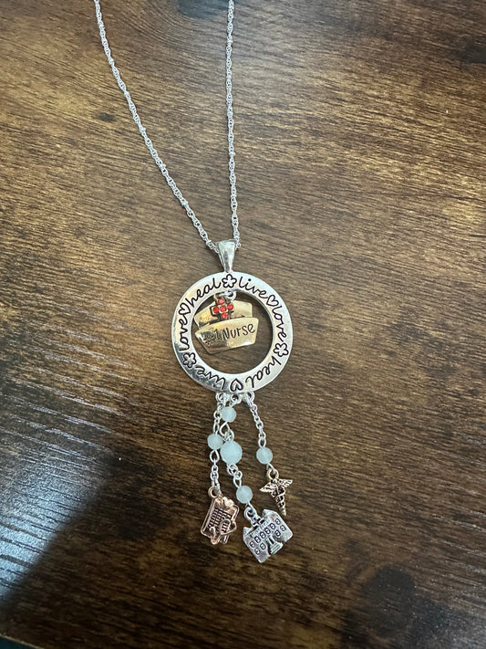 Tri-Tone Red Nurse Pendant Charm Necklace