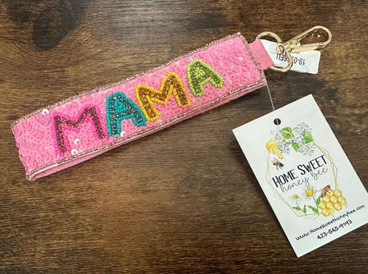 Rhinestone "MAMA" Pink Sequin Wristlet Keychain