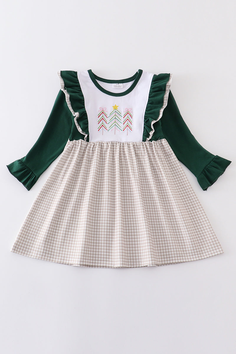 Forest Christmas Tree Embroidery Ruffle Girl Dress