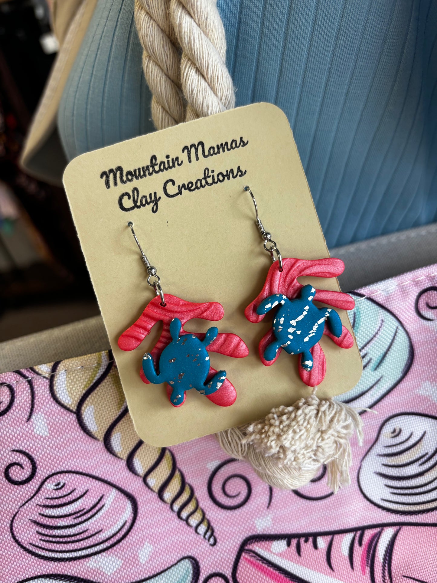 Coral Reef Turtle Dangle Clay Earrings