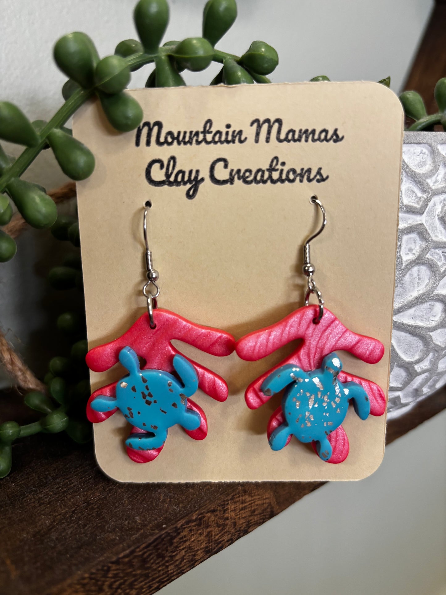 Coral Reef Turtle Dangle Clay Earrings