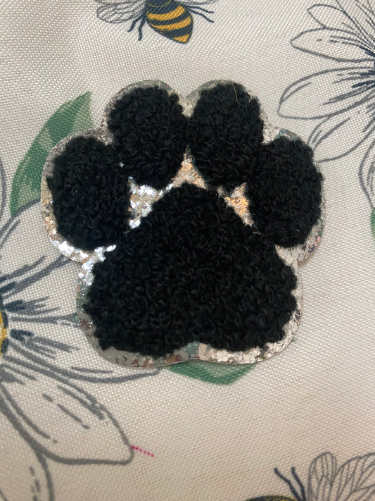 Chenille Paw Print Patch(Black with silver Glitter)