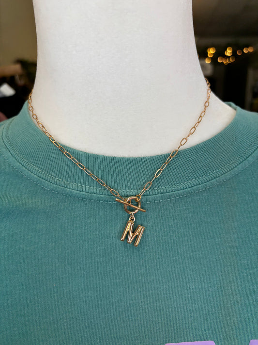 Paperclip Initial T-bar Toggle Clasp Necklace