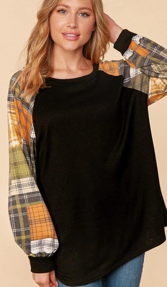 Black Multi Plaid Patchwork Bubble Sleeve Top