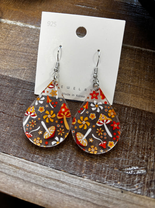 Boho Mushroom and Floral Teardrop Earrings