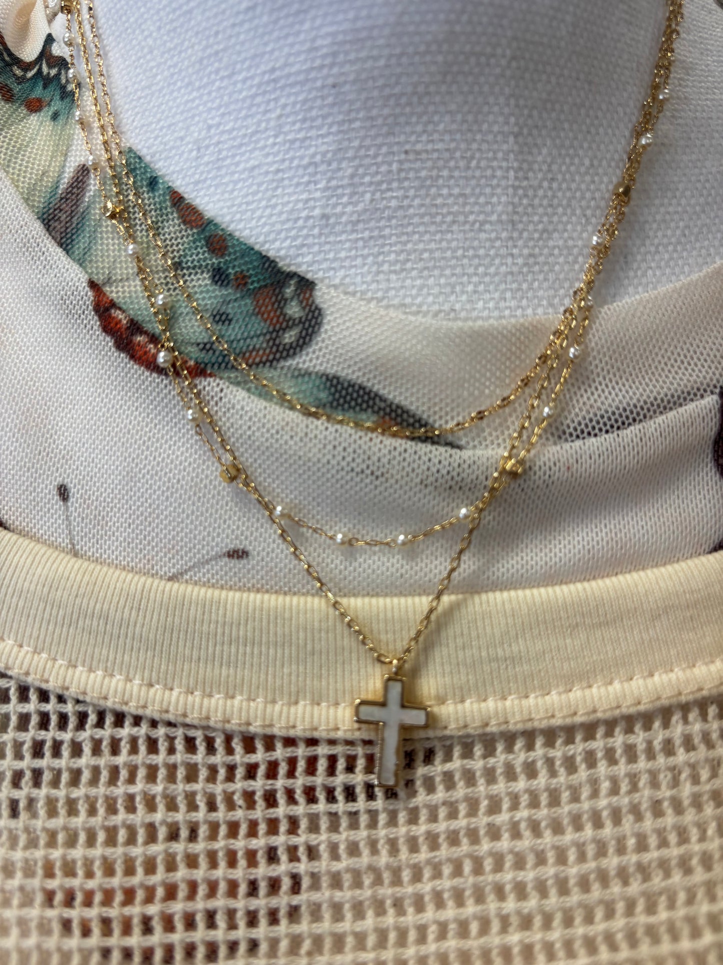 Delicate Layered Cross and Pearl Necklace