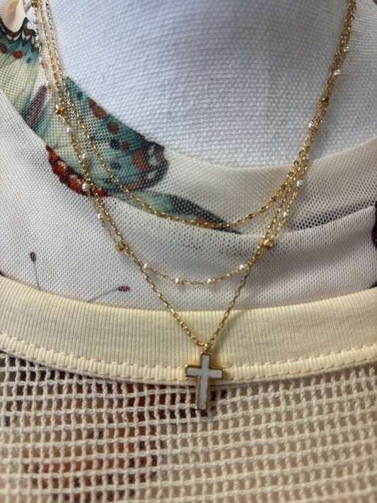 Delicate Layered Cross and Pearl Necklace