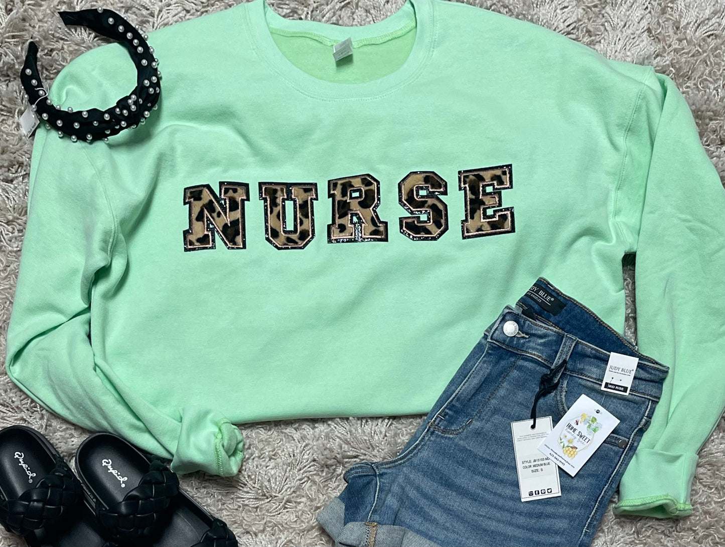 Leopard NURSE chenille patch crew sweatshirt