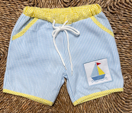 Seersucker Sailboat Embroidered Swim Shorts