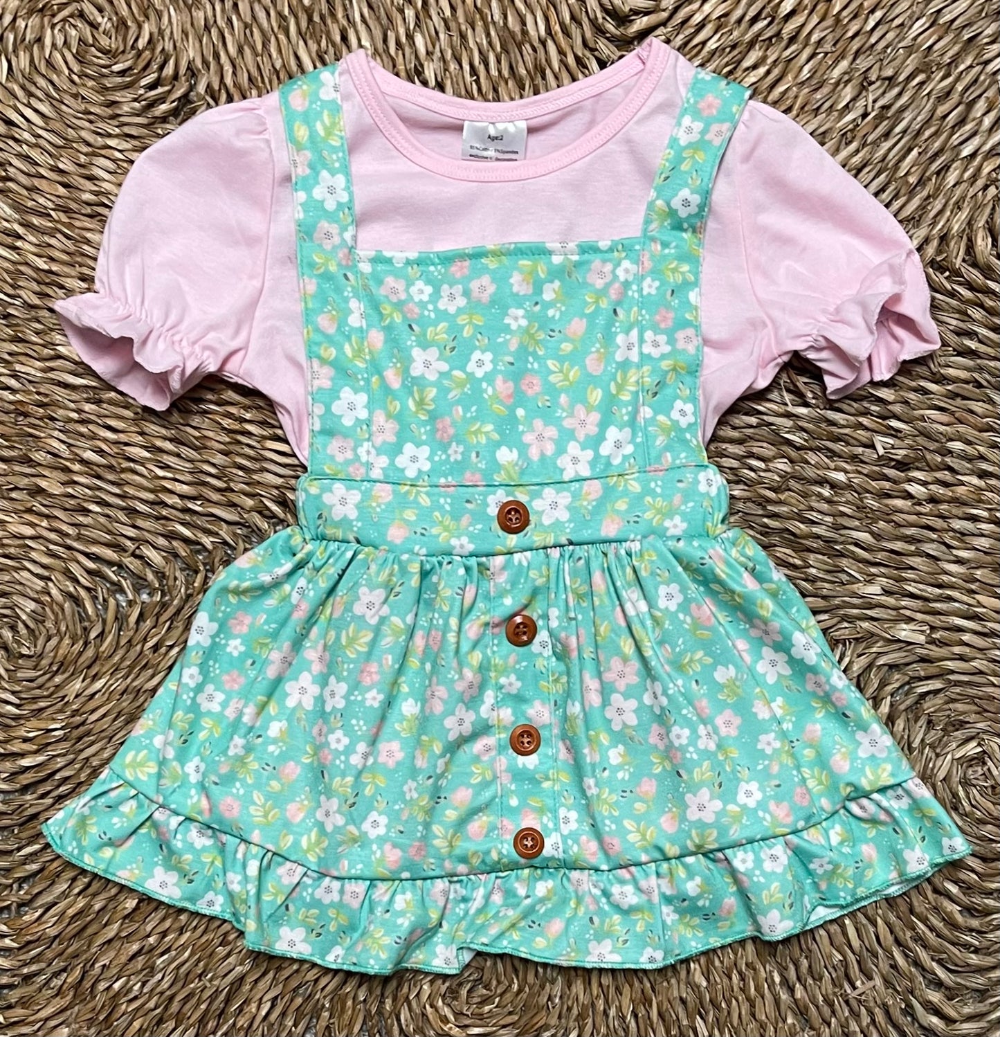 Green Floral Print Girl's Dress Set