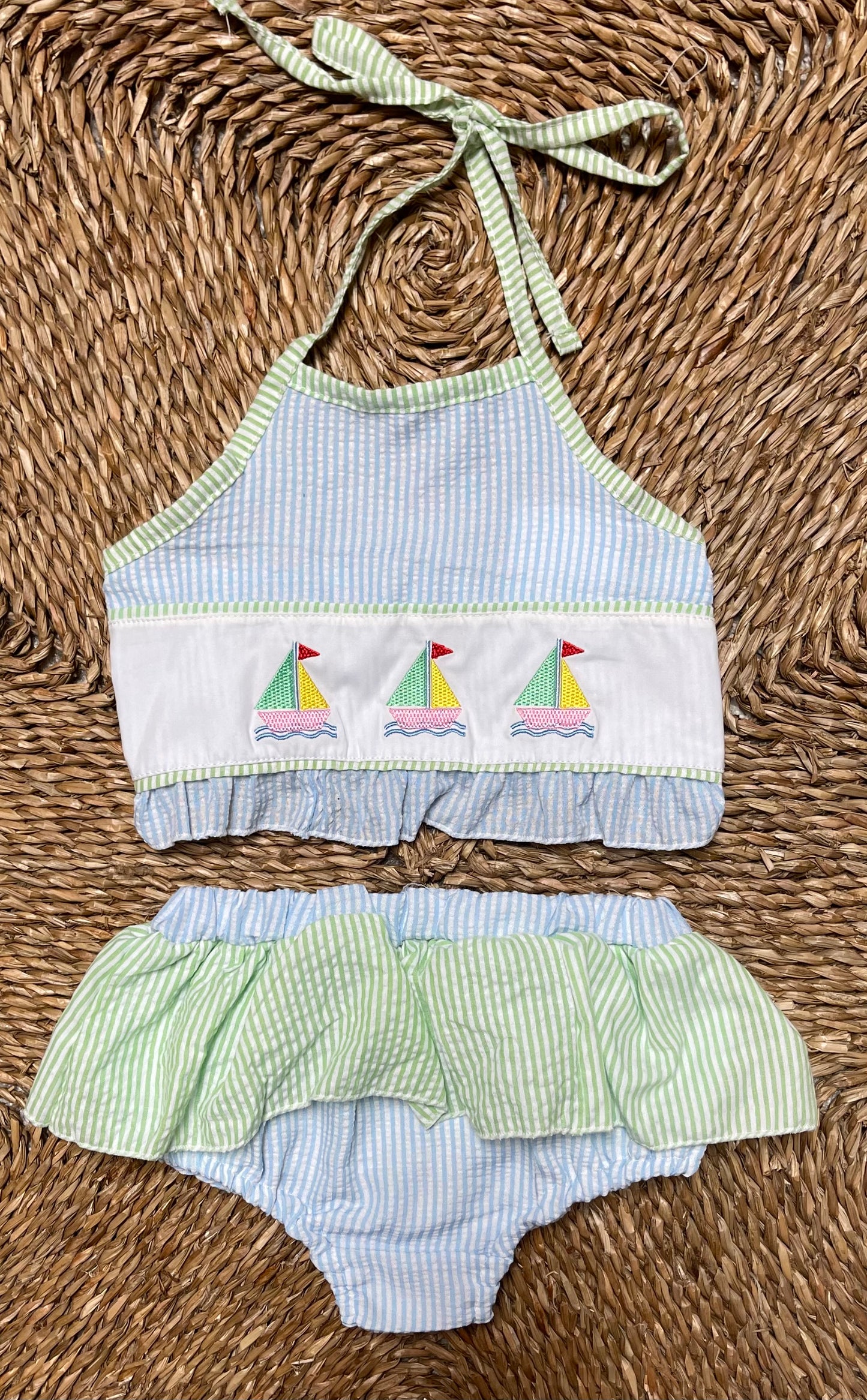 Seersucker  Sailboat Embroidered 2pc Swimsuit