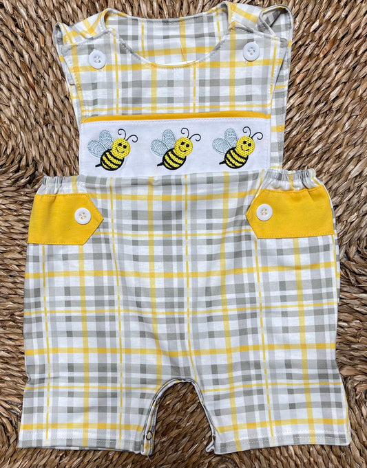 Embroidered Bee Plaid Romper