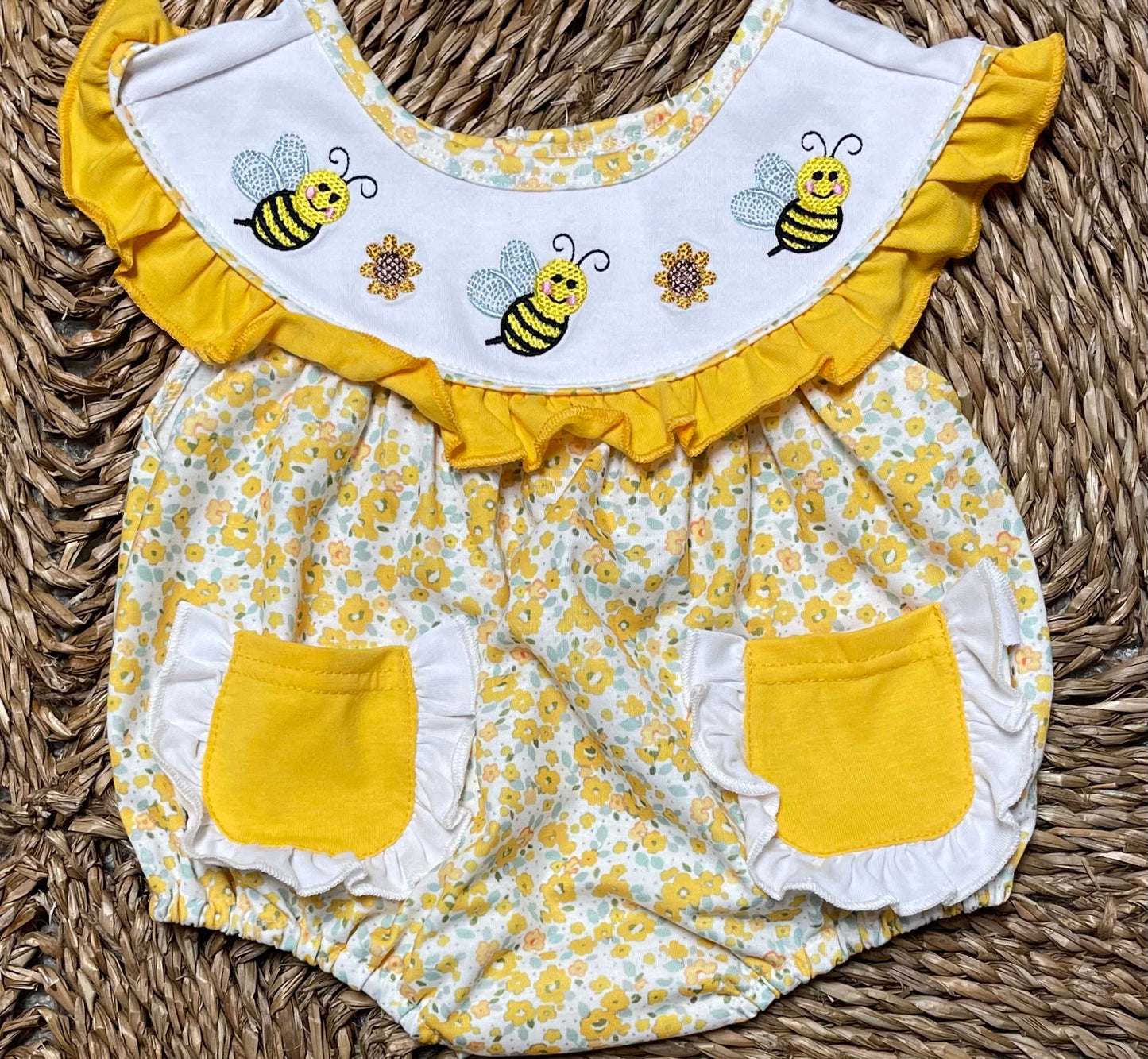 Mustard Floral print bee embroidery girl bubble