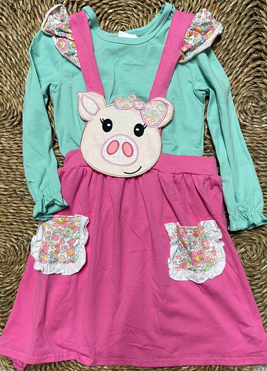 Pink pig applique ruffle dress suit