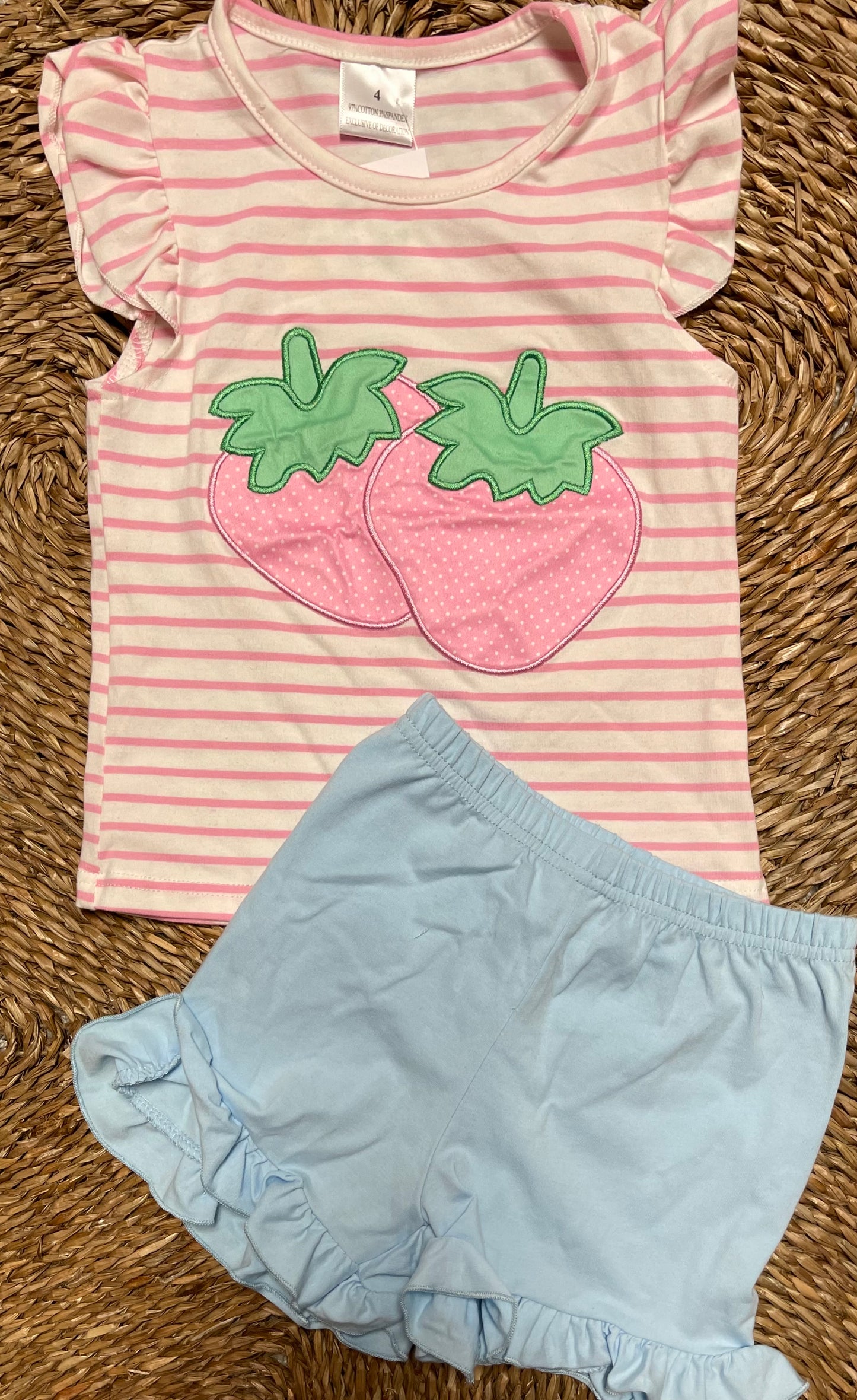 Pink Stripe strawberry applique ruffle girl set