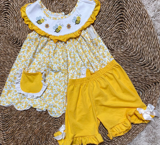 Mustard Floral Print Bee Embroidered Girl 2 piece Set