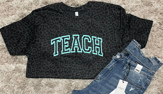 Black Leopard TEACH puffy tee