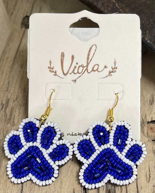 Royal Blue/White Sead Bead Paw Earrings