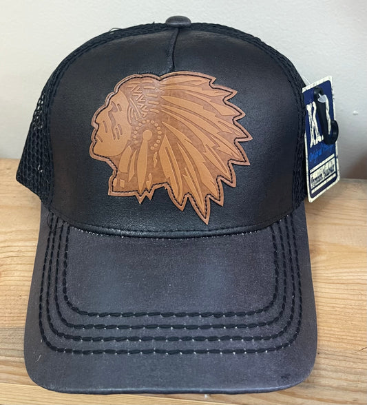 BLACK FAUX LEATHER INDIAN CHIEF MESH CAP