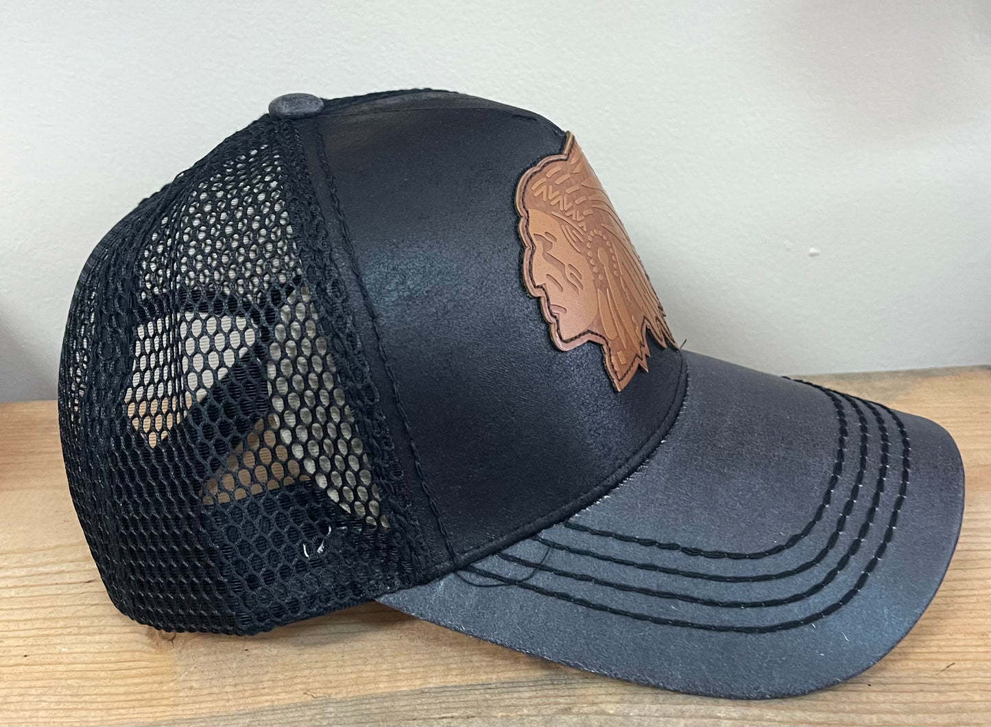BLACK FAUX LEATHER INDIAN CHIEF MESH CAP