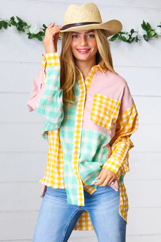 Mint Yellow Mauve Plaid Check & Stripe Patchwork Button Top