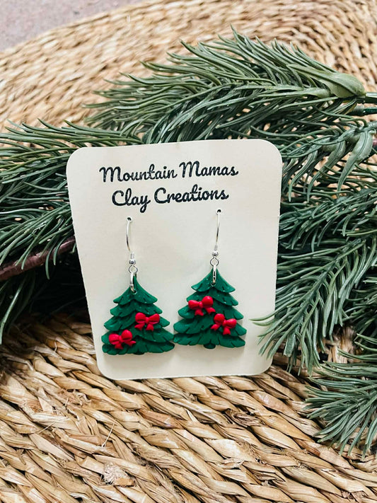 Clay Christmas Tree Earrings with red bows