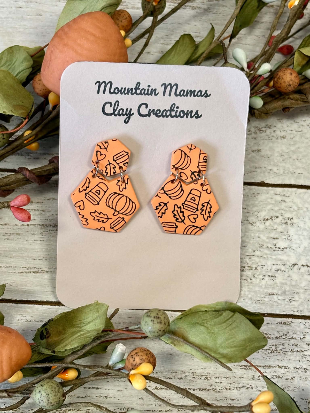 Fall Print on Octagon Clay Dangle Earrings