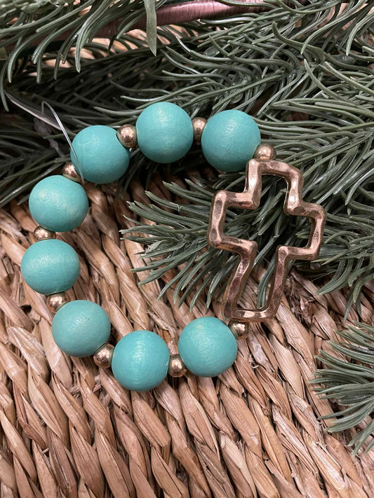 Chunky Wood Beaded Cross Bracelet
