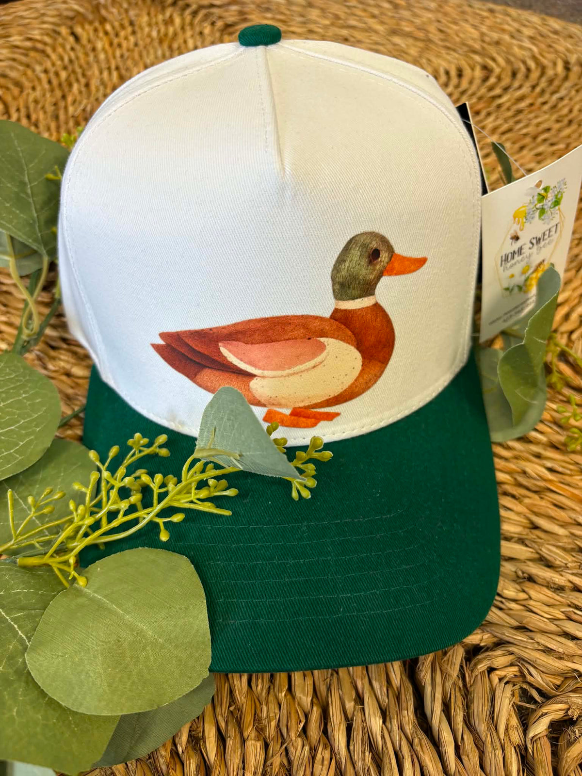 Antique Inspired Mallard Duck Trucker Hat (White/Dark Green)