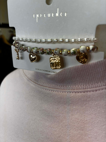 Dainty Pink Floral Charm Bracelet Set