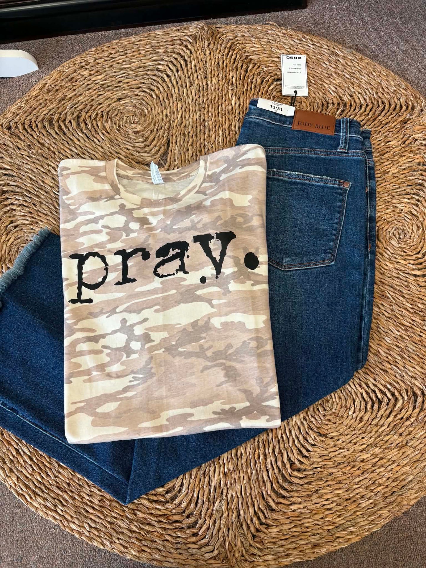 Natural Camo PRAY. Typewriter Font Tee