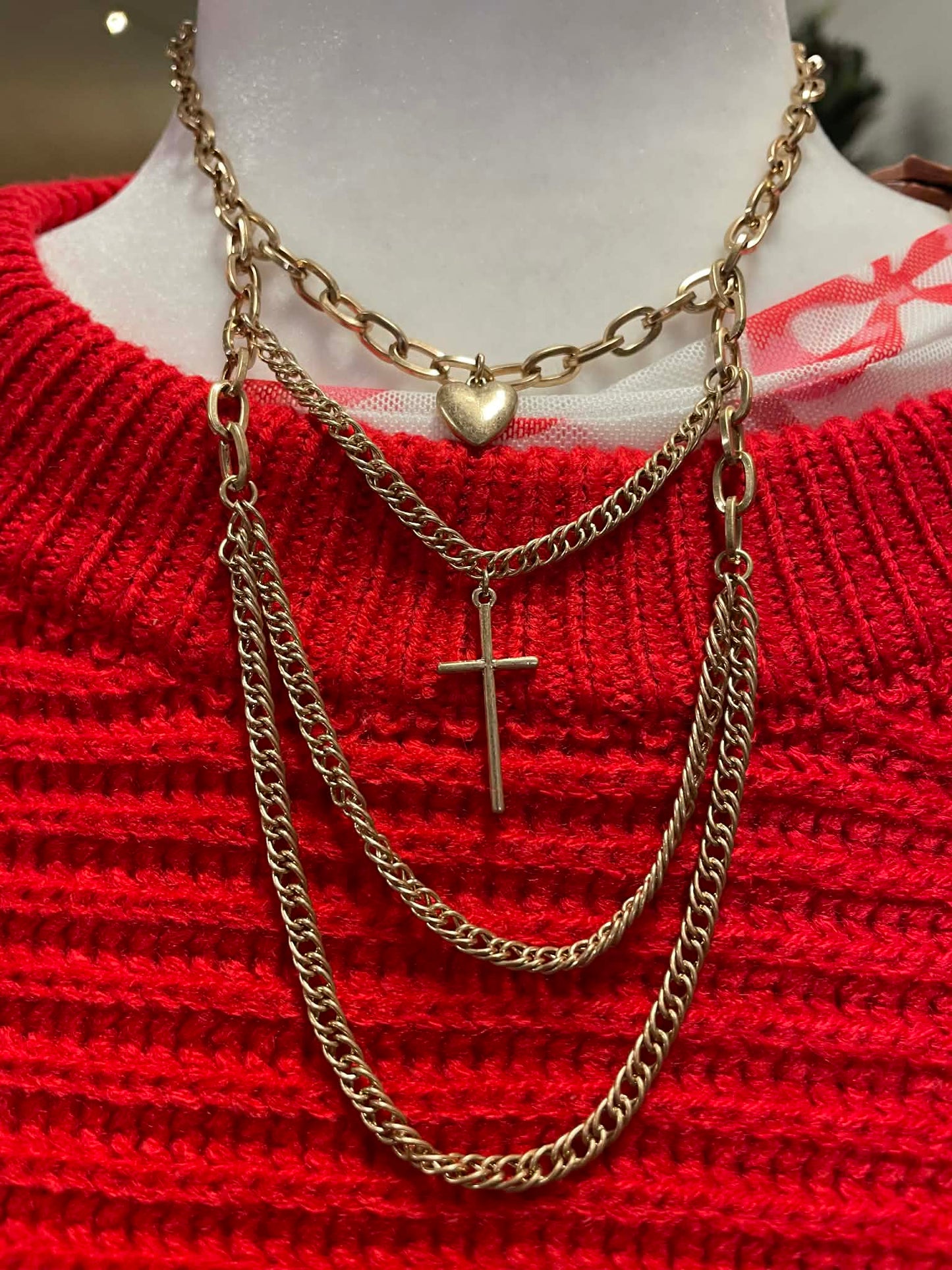 Paper Clip Layered Heart & Cross Necklace