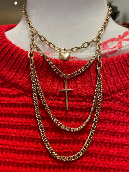 Paper Clip Layered Heart & Cross Necklace