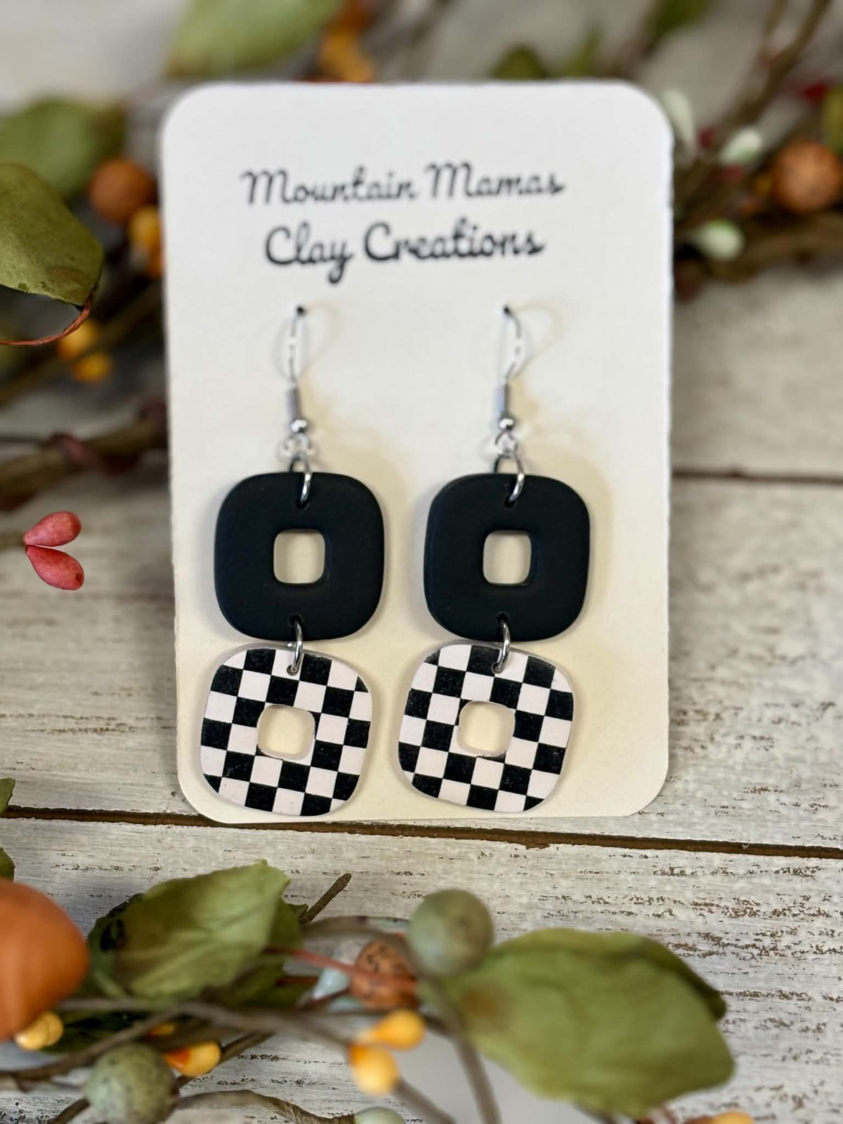 Black and White Checkered Dangle Clay Earrings