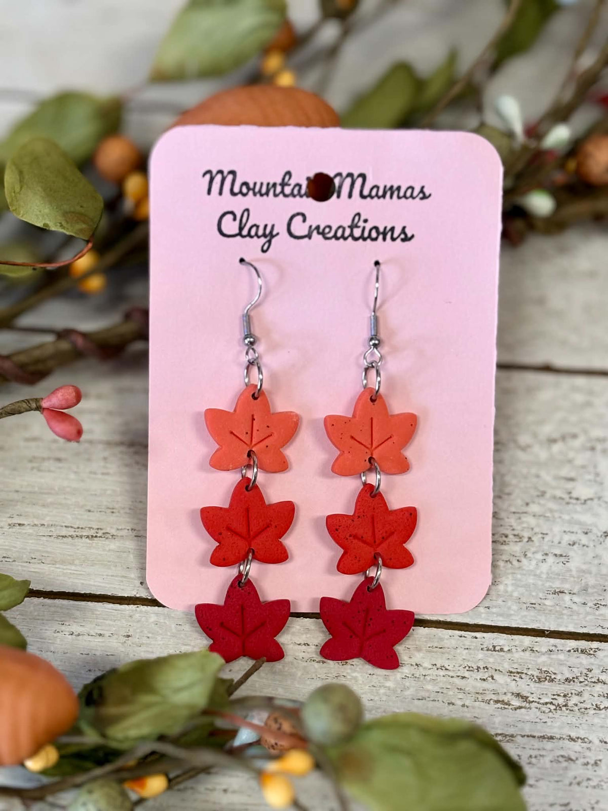 Three Leaf Drop Dangle Clay Earrings