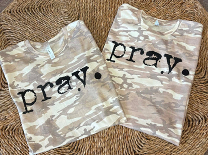 Natural Camo PRAY. Typewriter Font Tee