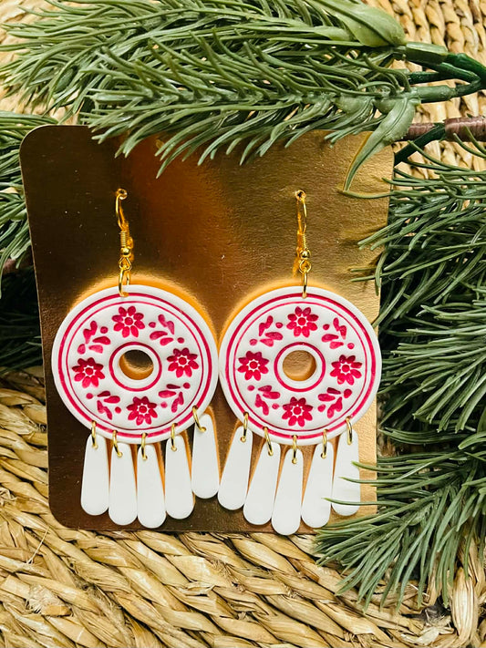 Clay Vintage Red Floral Dangle Earrings