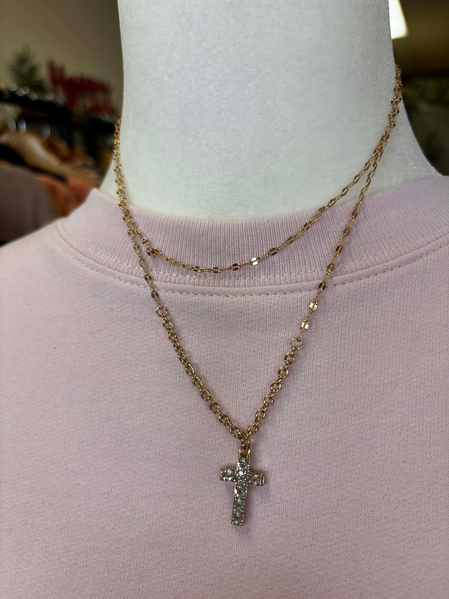 Goldtone Double Layered Cross faux crystal necklace