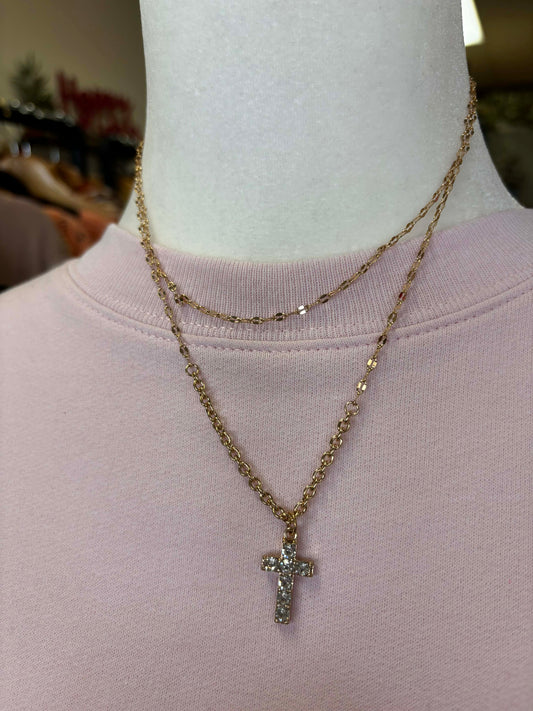 Goldtone Double Layered Cross faux crystal necklace