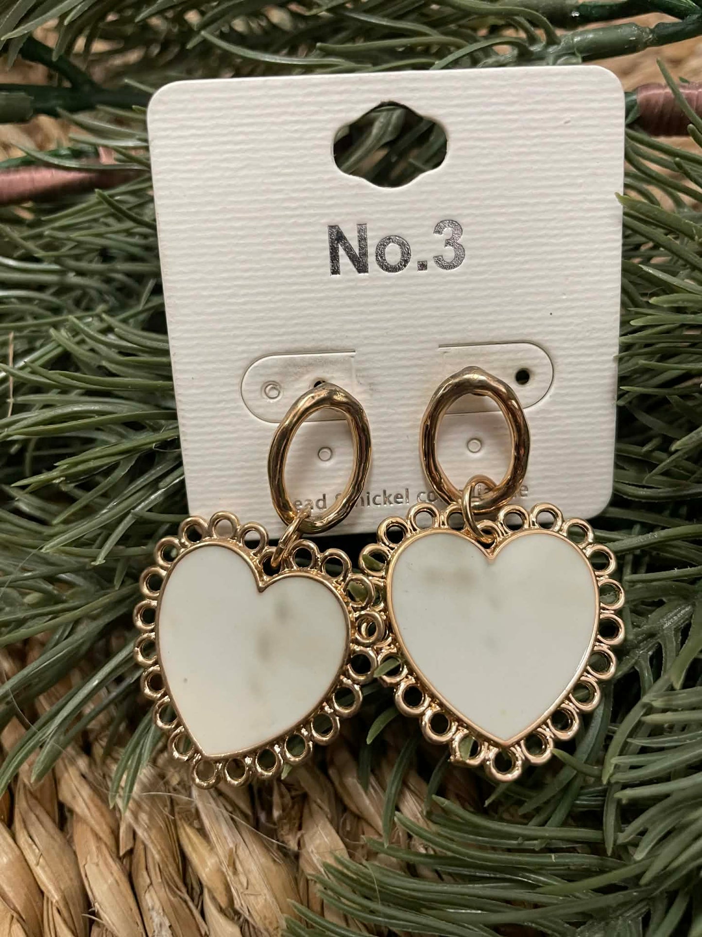 Goldtone & White Dangle Heart Earrings