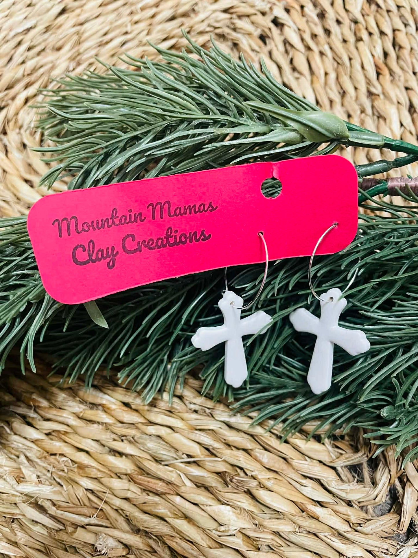 Clay White Cross Hoop Earrings